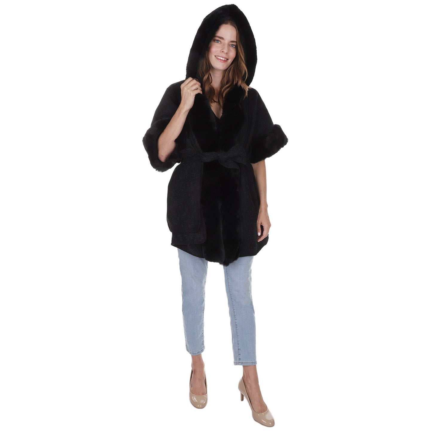 FAUX FUR HOODIE SHAWL P3802 (3PC)