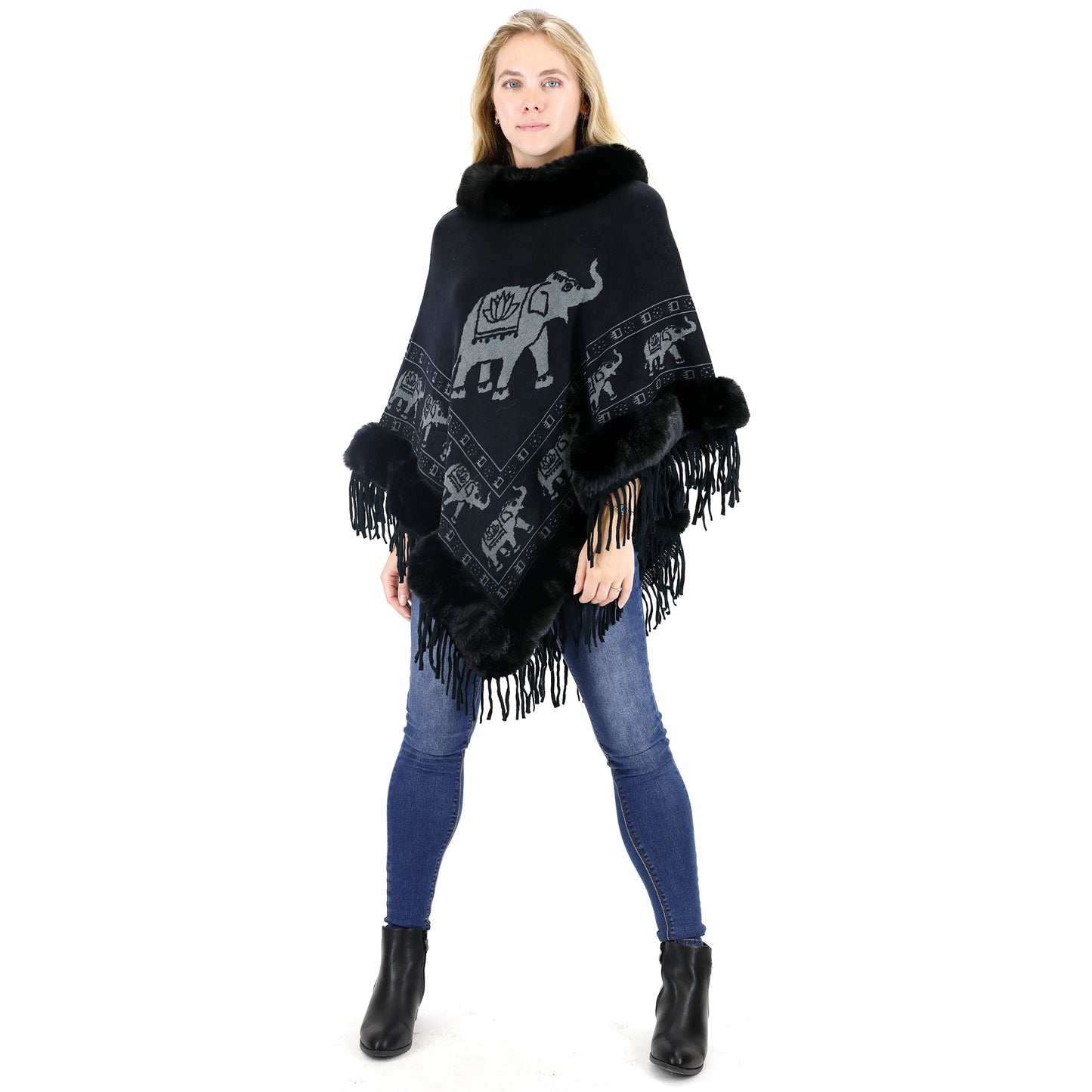 Elephant Pattern Fur Fringed Poncho P191 (12PC)