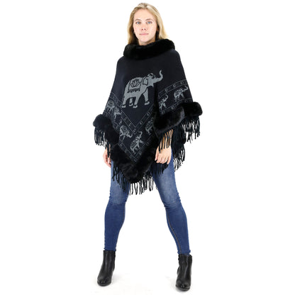 Elephant Pattern Fur Fringed Poncho P191 (12PC)