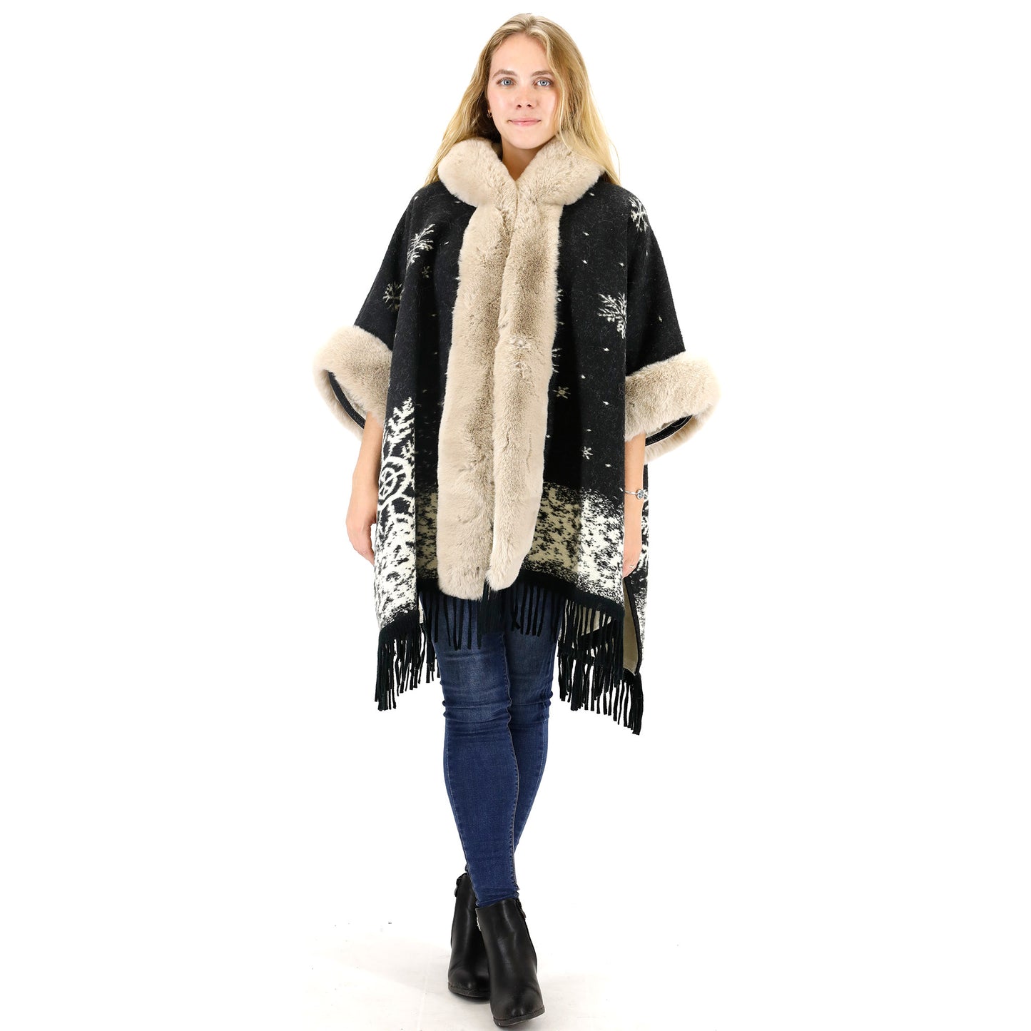 FAUX FUR SNOW PATTERN HOODIE SHAWL P3804 (3PC)