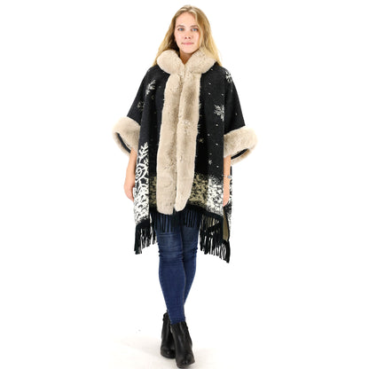 FAUX FUR SNOW PATTERN HOODIE SHAWL P3804 (3PC)