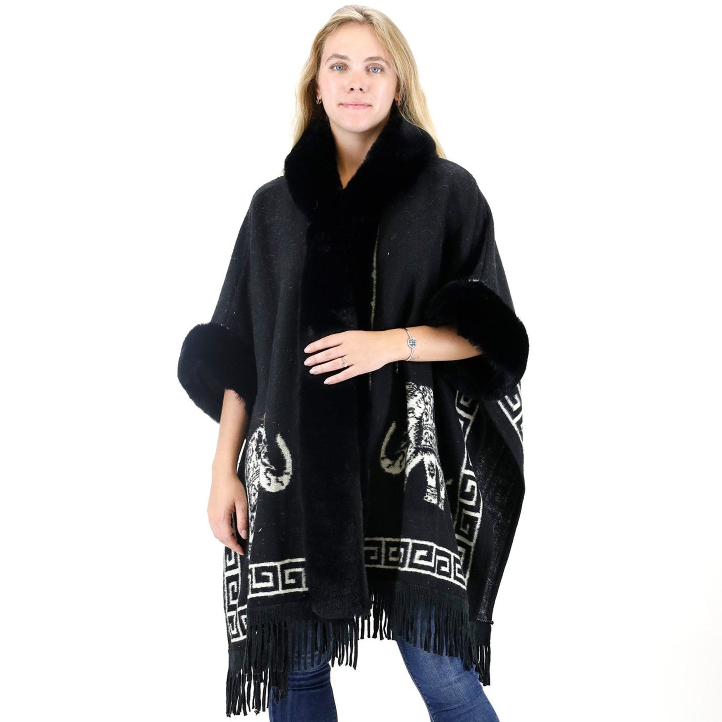 Faux Fur Elephant Pattern Fringed Hoodie Shawl P3825 (3PC)