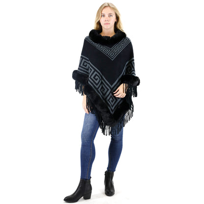 Monogram Pattern Fur Fringed Poncho P195 (12PC)