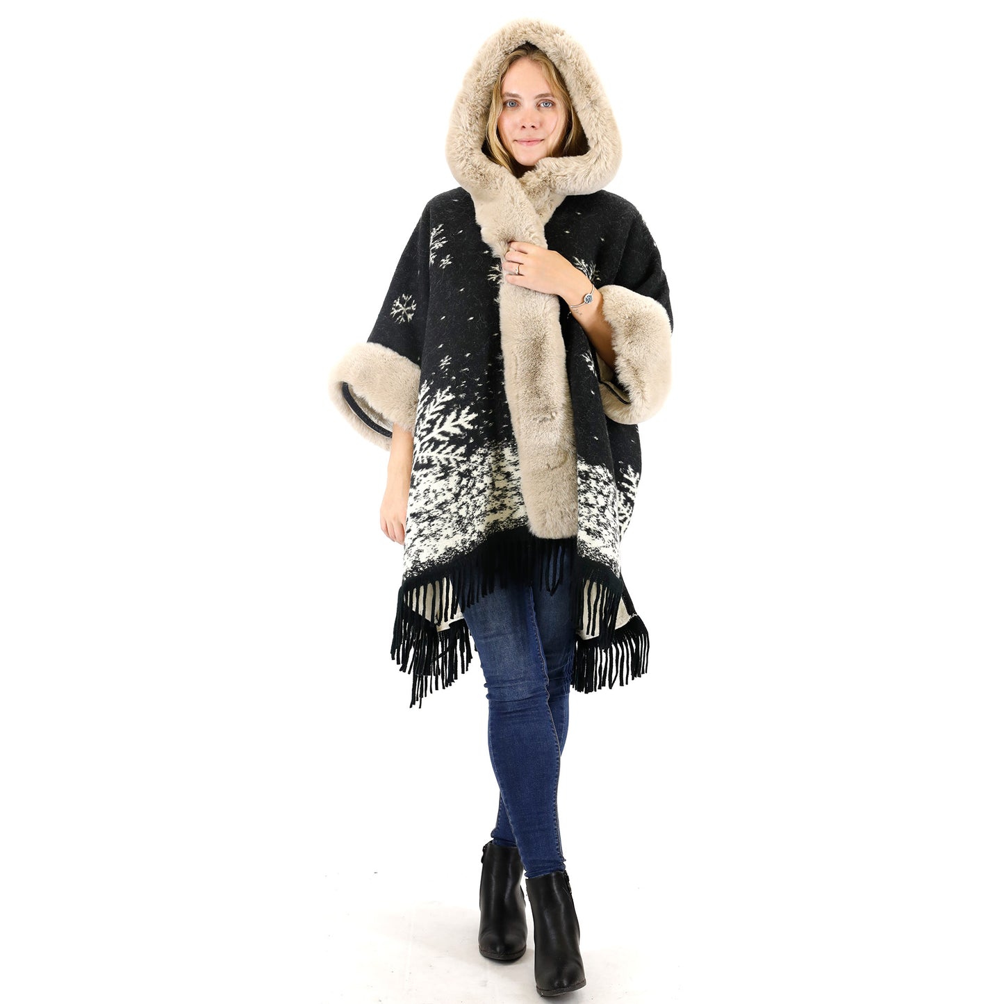 FAUX FUR SNOW PATTERN HOODIE SHAWL P3804 (3PC)
