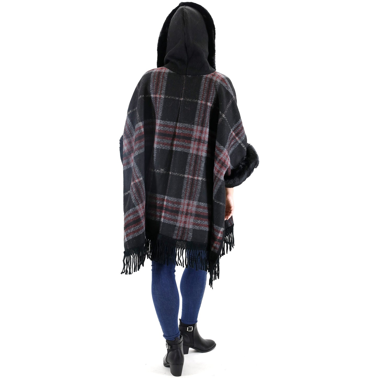 FAUX FUR PLAID PATTERN HOODIE SHAWL P3805 (3PC)