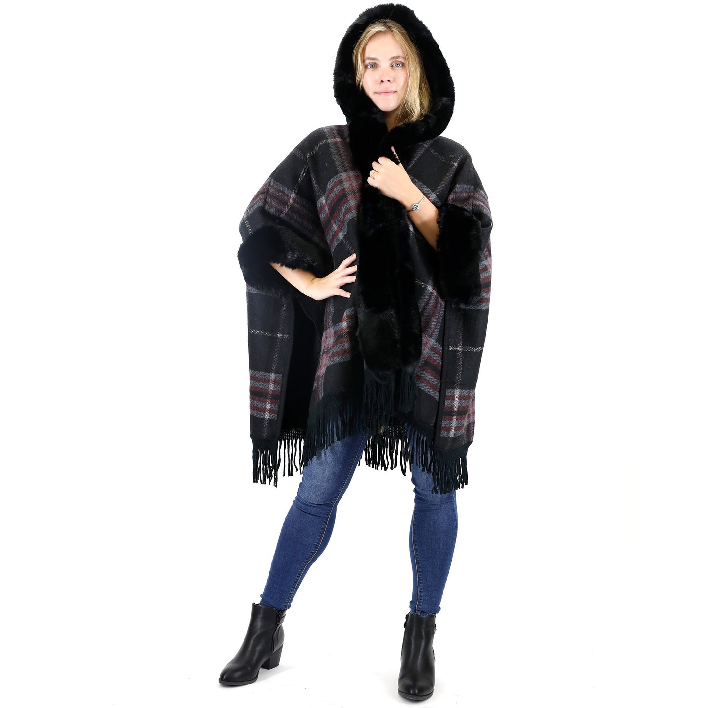 FAUX FUR PLAID PATTERN HOODIE SHAWL P3805 (3PC)