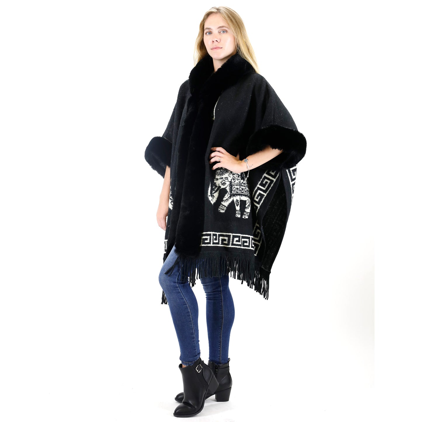Faux Fur Elephant Pattern Fringed Hoodie Shawl P3825 (3PC)