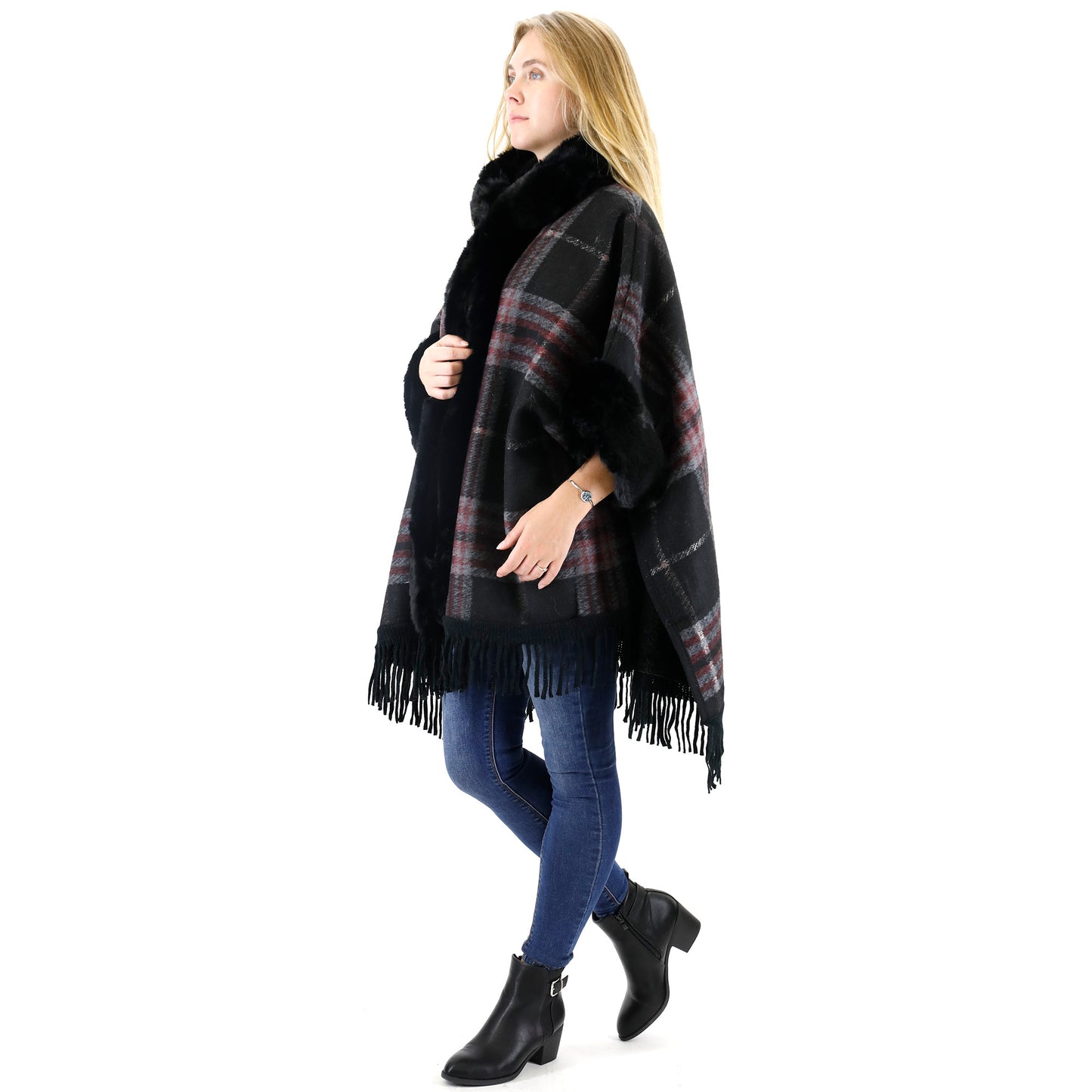 FAUX FUR PLAID PATTERN HOODIE SHAWL P3805 (3PC)