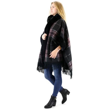 FAUX FUR PLAID PATTERN HOODIE SHAWL P3805 (3PC)