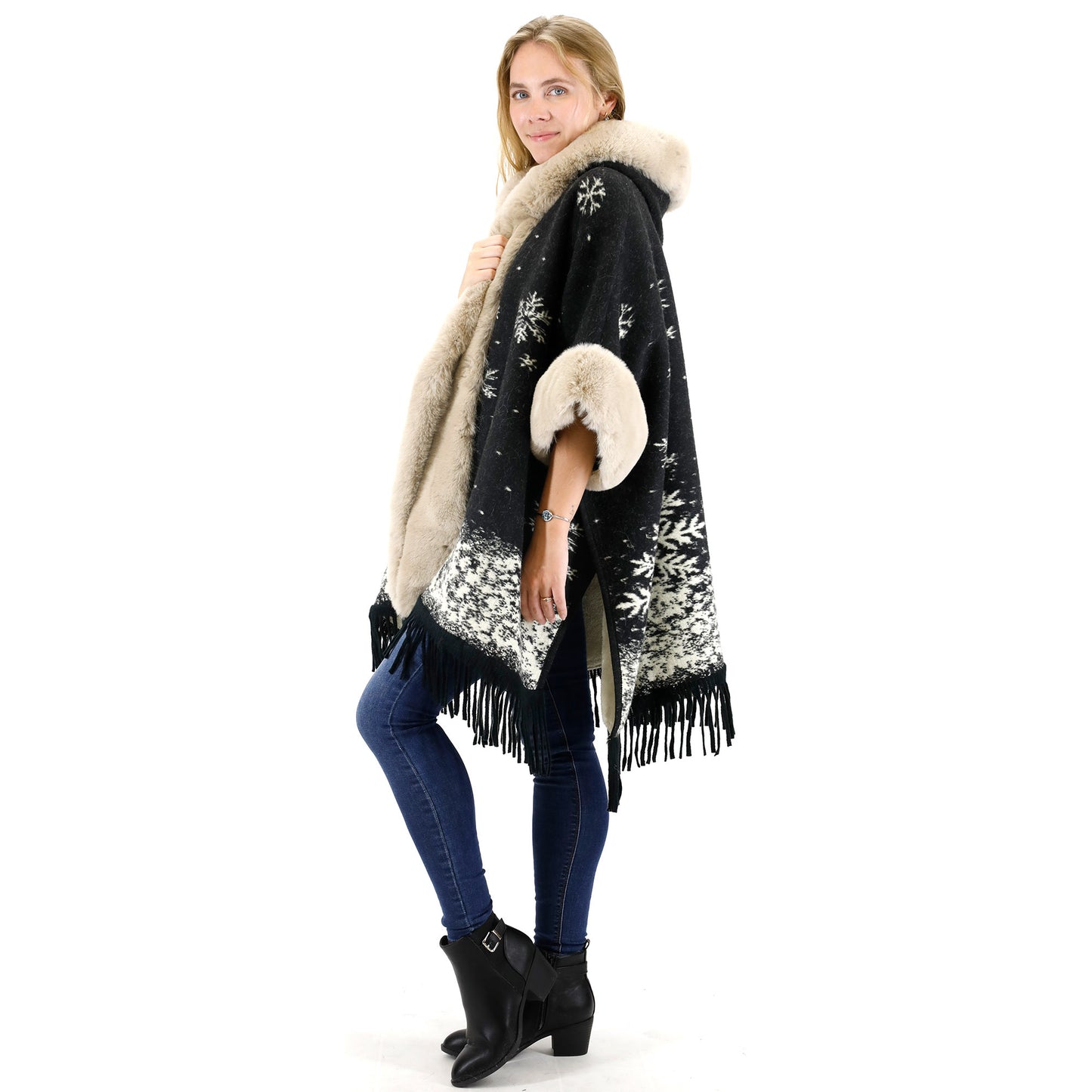 FAUX FUR SNOW PATTERN HOODIE SHAWL P3804 (3PC)
