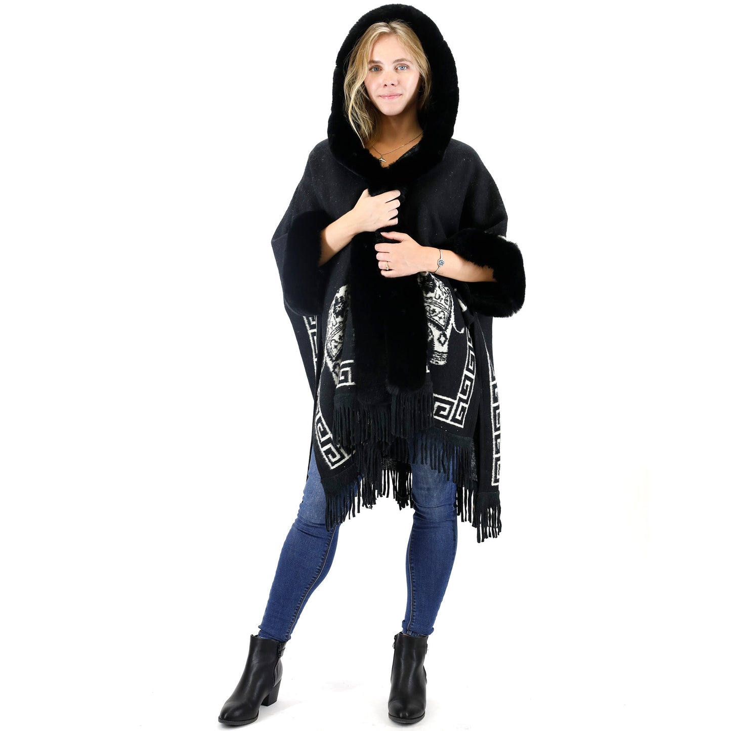 Faux Fur Elephant Pattern Fringed Hoodie Shawl P3825 (3PC)