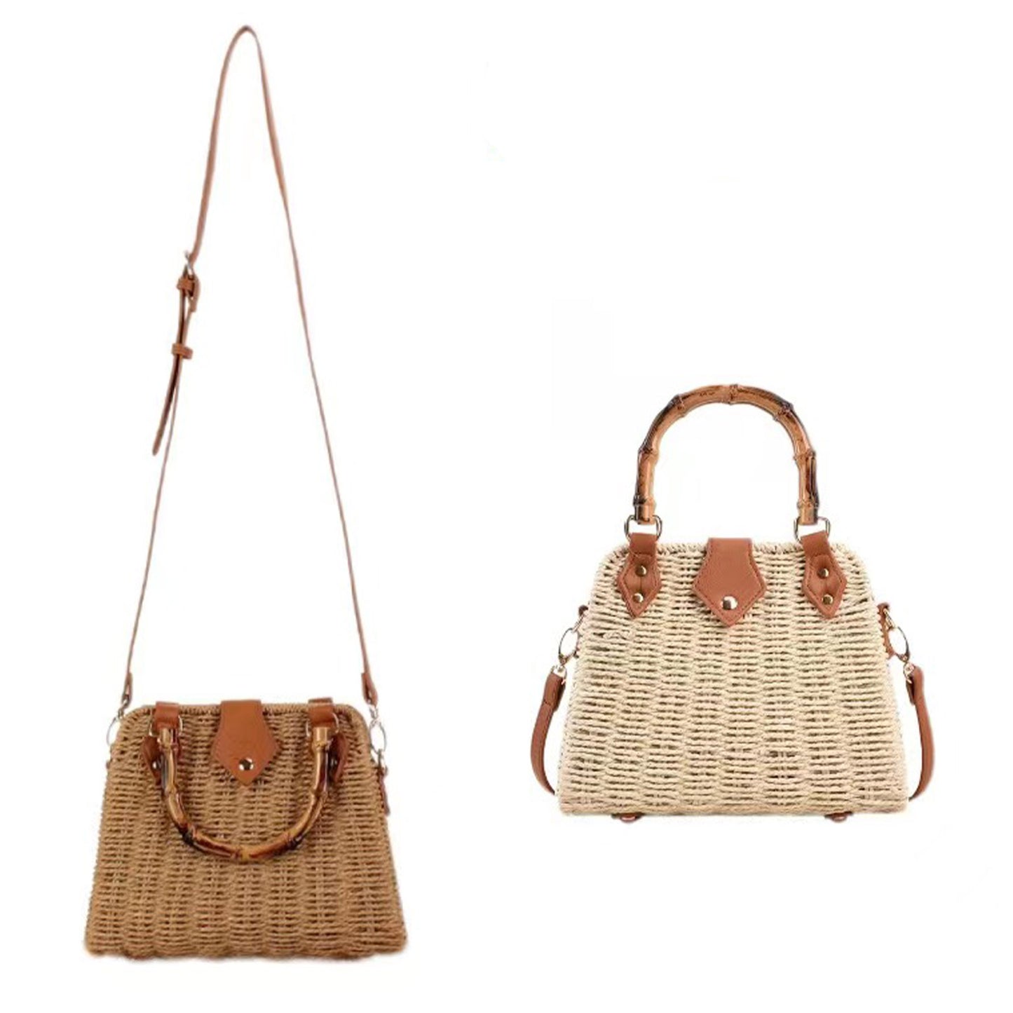 Rattan Beach Tote Shoulder Bag With Bamboo Handle BG4225-12. (1pc)