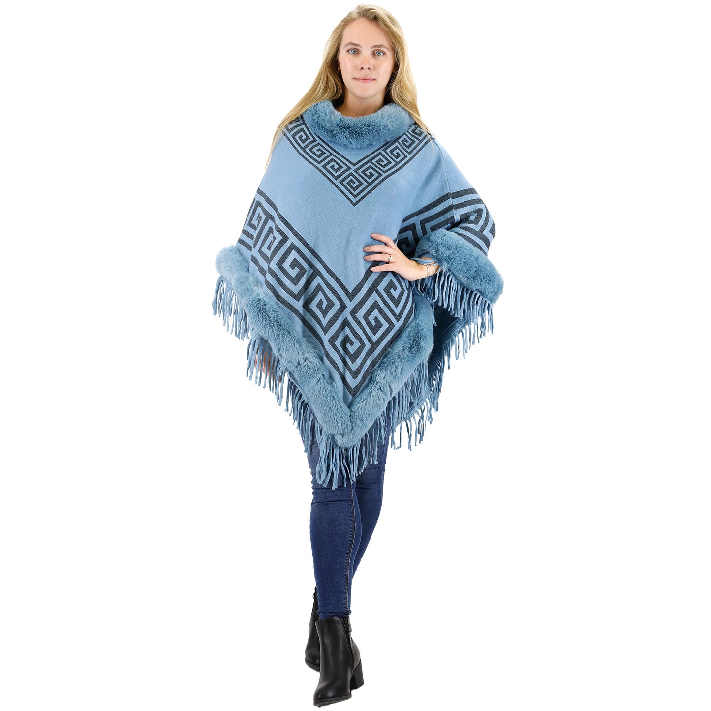 Monogram Pattern Fur Fringed Poncho P195 (12PC)