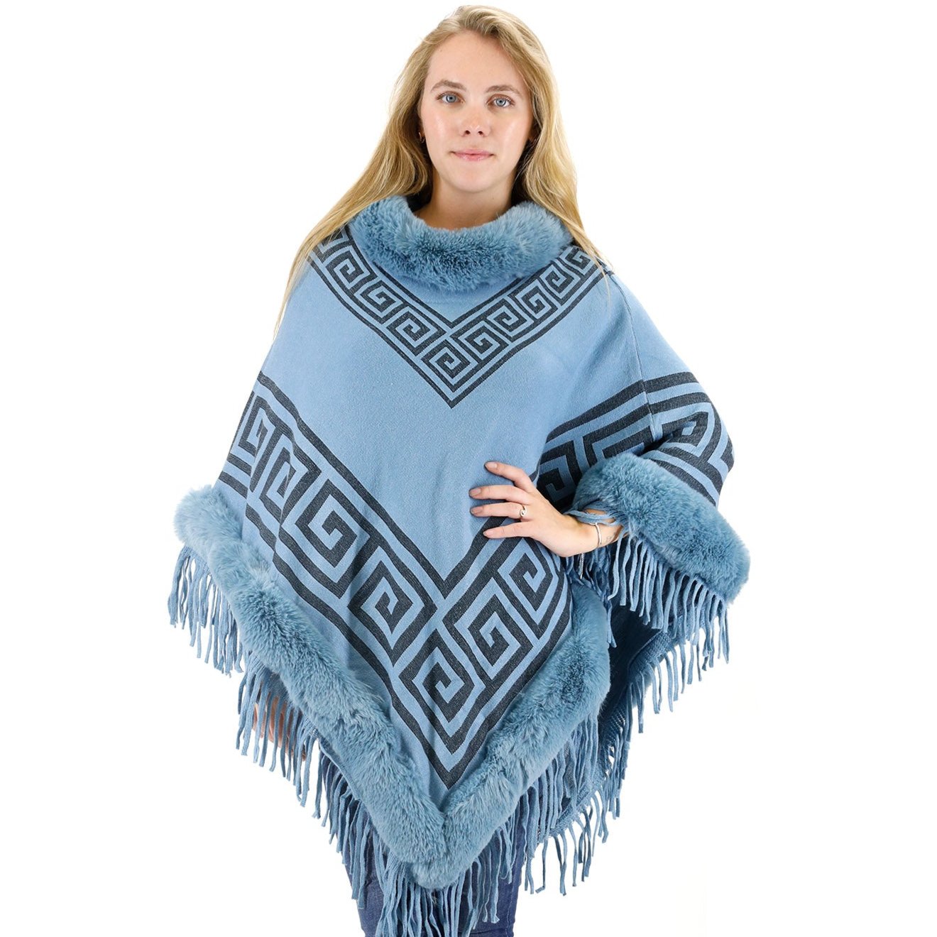 Monogram Pattern Fur Fringed Poncho P195 (12PC)