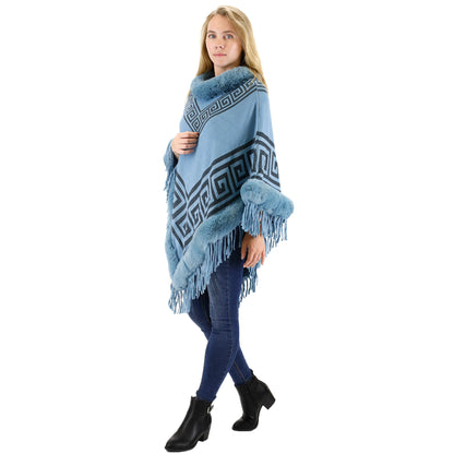 Monogram Pattern Fur Fringed Poncho P195 (12PC)
