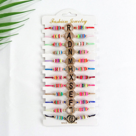 Bead Rhinestone Letter Charm Adjustable Bracelet BR3724-37 (12PC)