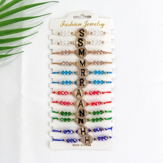 Bead Rhinestone Letter Charm Adjustable Bracelet BR3724-38 (12PC)