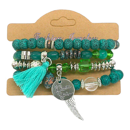 Natural Stone Angel Wing Charm Bracelet Set BR4228-2-C (12PC)