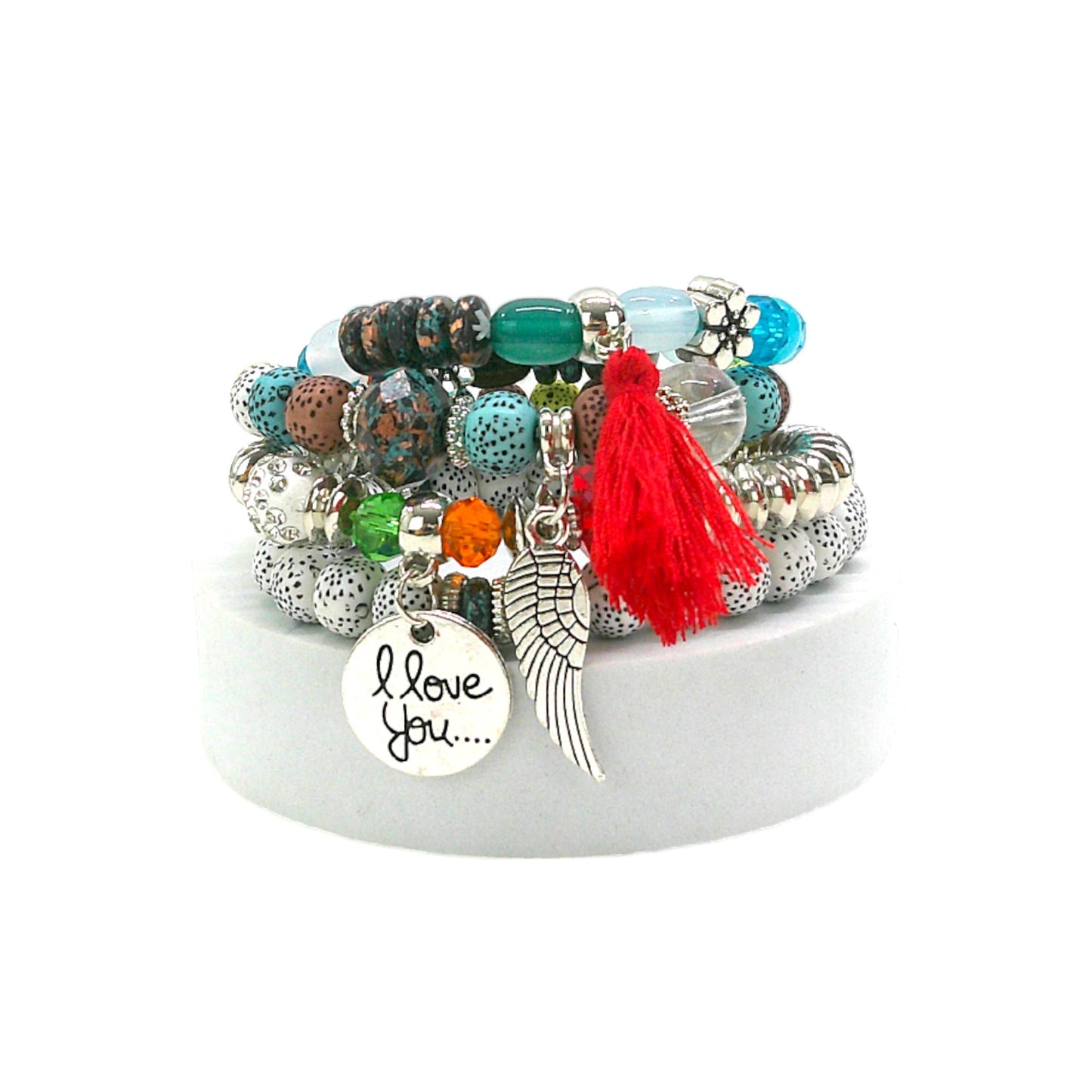 Natural Stone Angel Wing Charm Bracelet Set BR4228-2-C (12PC)