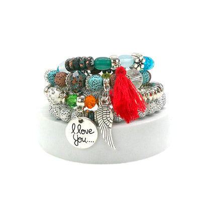 Natural Stone Angel Wing Charm Bracelet Set BR4228-2-C (12PC)