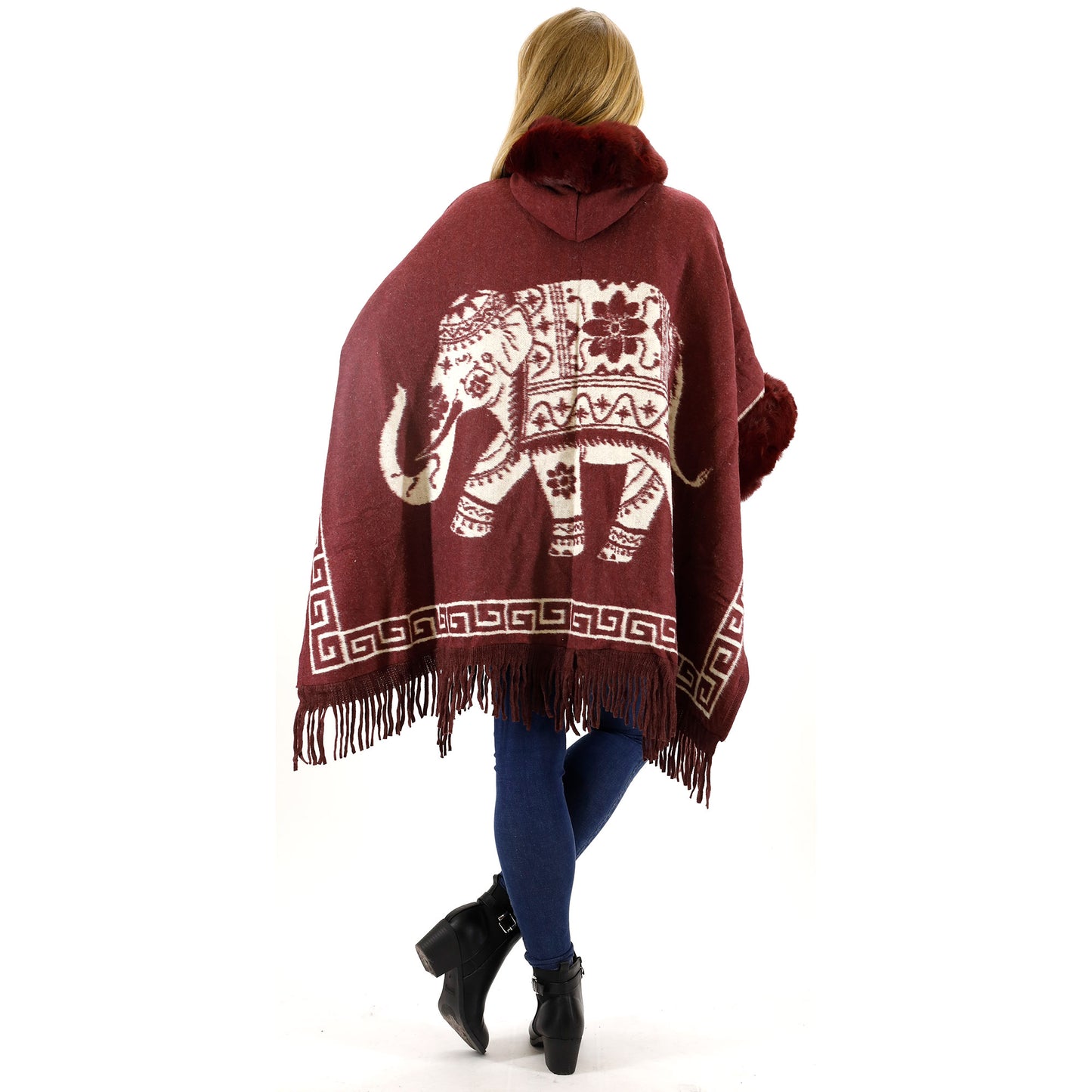 Faux Fur Elephant Pattern Fringed Hoodie Shawl P3825 (3PC)