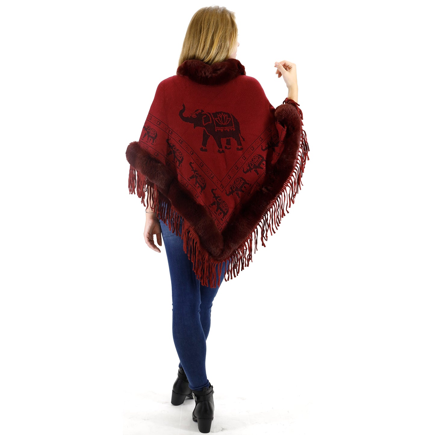 Elephant Pattern Fur Fringed Poncho P191 (12PC)