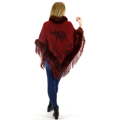 Elephant Pattern Fur Fringed Poncho P191 (12PC)