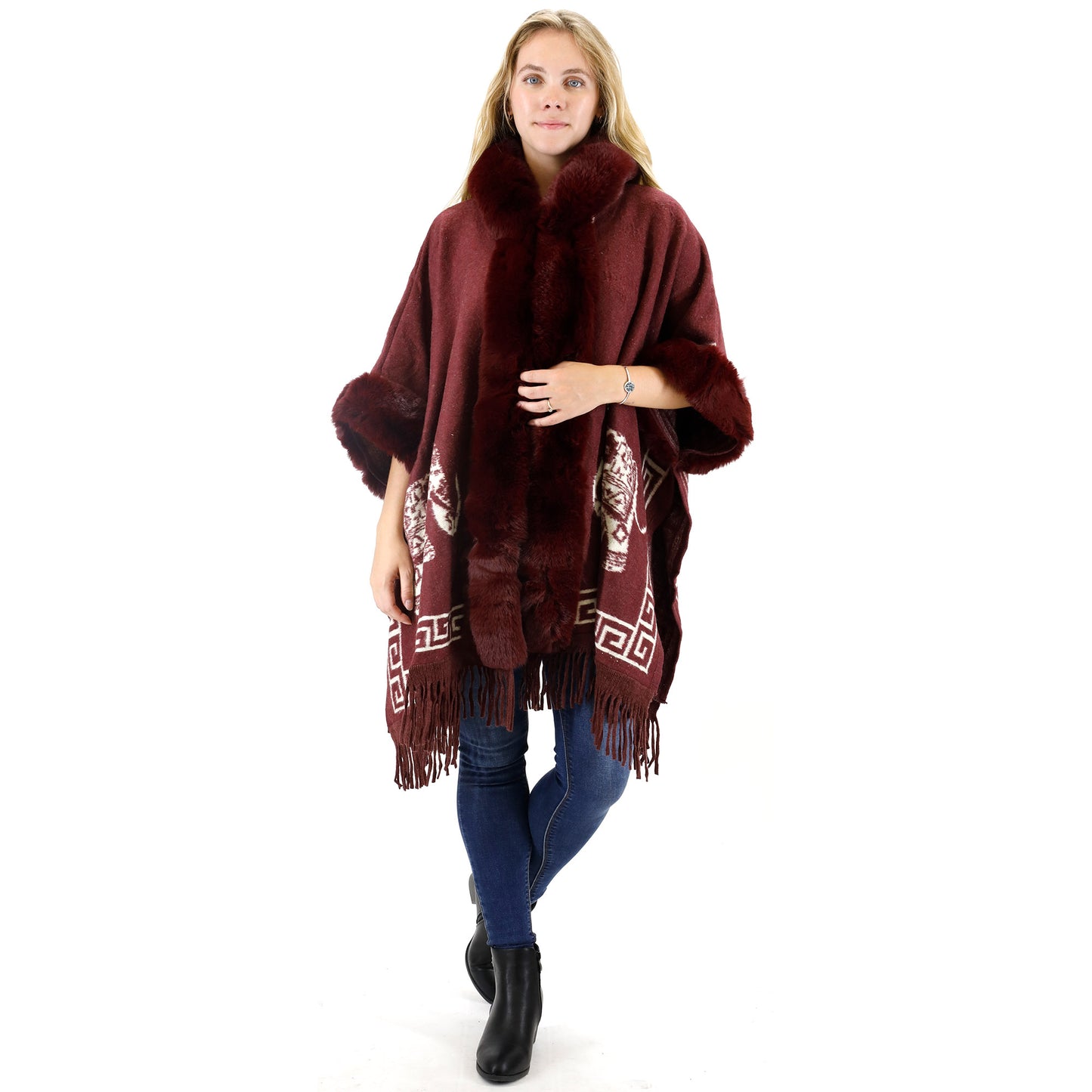 Faux Fur Elephant Pattern Fringed Hoodie Shawl P3825 (3PC)