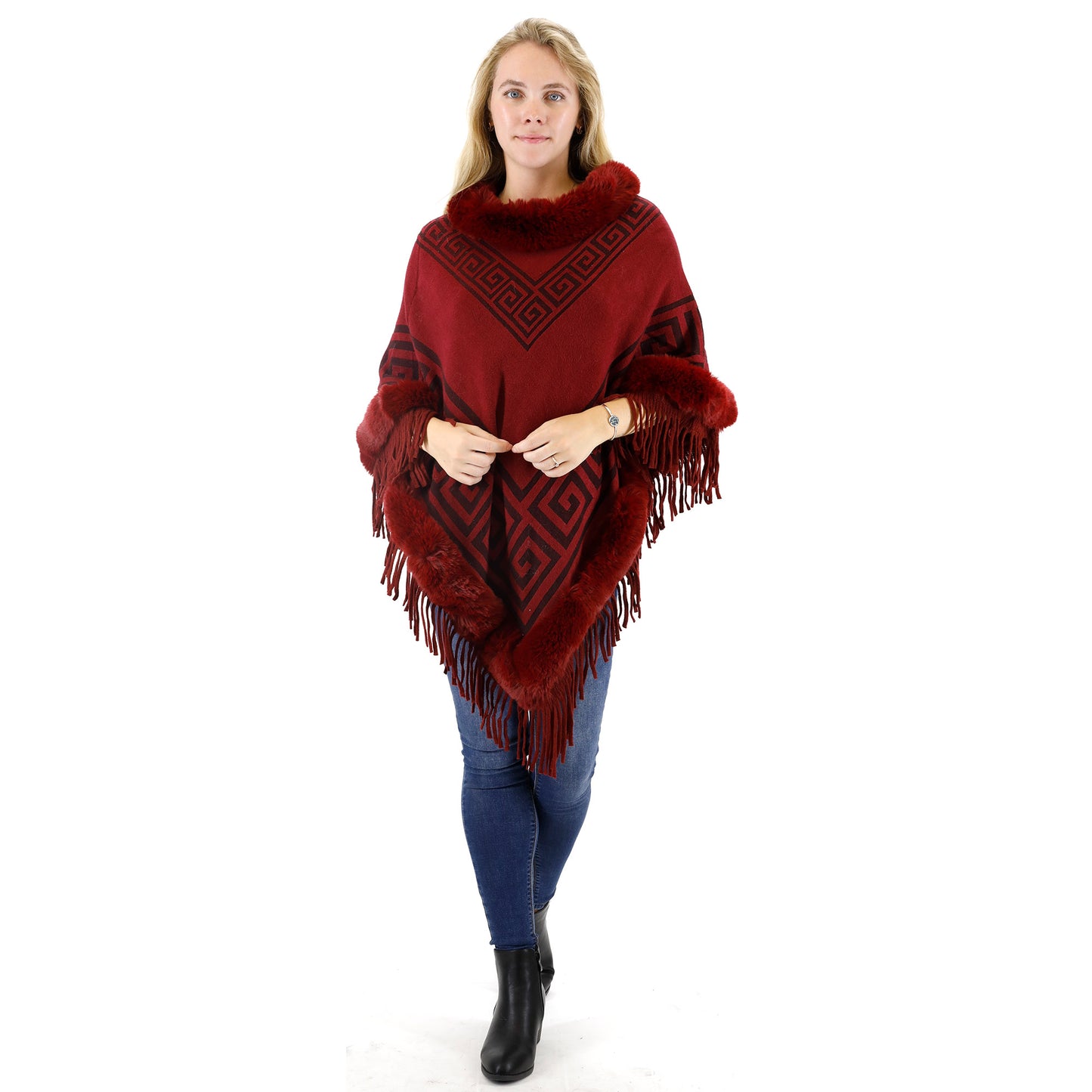 Monogram Pattern Fur Fringed Poncho P195 (12PC)