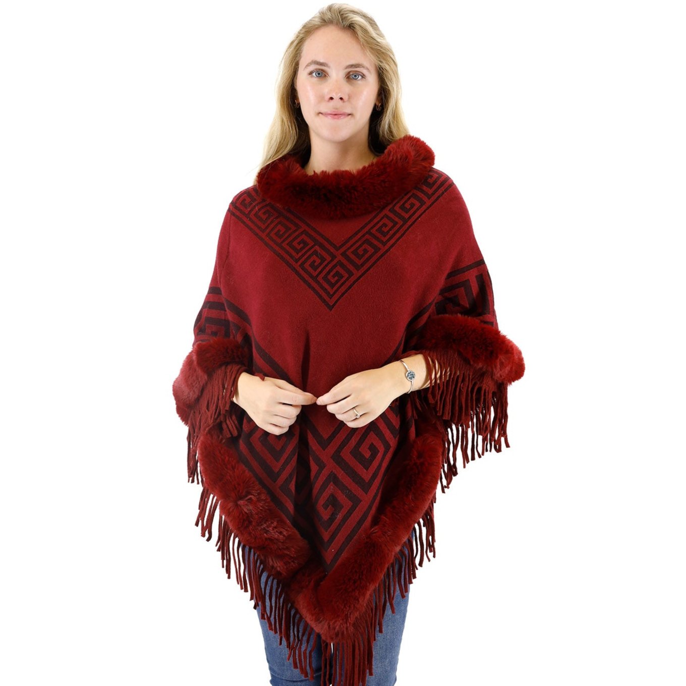 Monogram Pattern Fur Fringed Poncho P195 (12PC)
