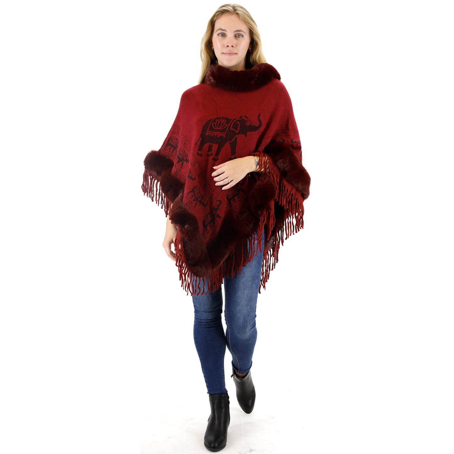 Elephant Pattern Fur Fringed Poncho P191 (12PC)