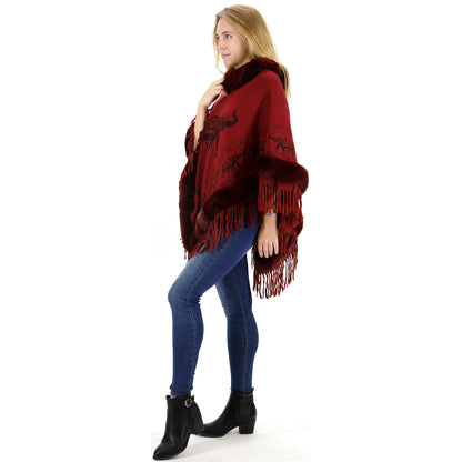 Elephant Pattern Fur Fringed Poncho P191 (12PC)