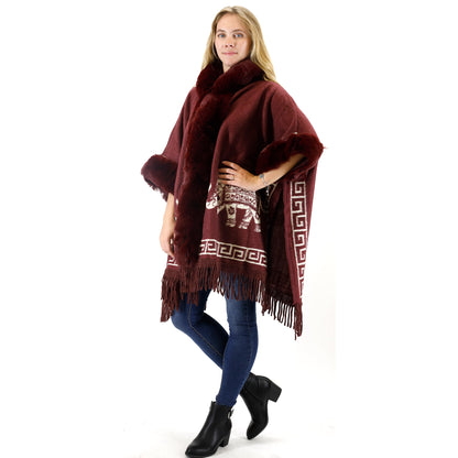 Faux Fur Elephant Pattern Fringed Hoodie Shawl P3825 (3PC)