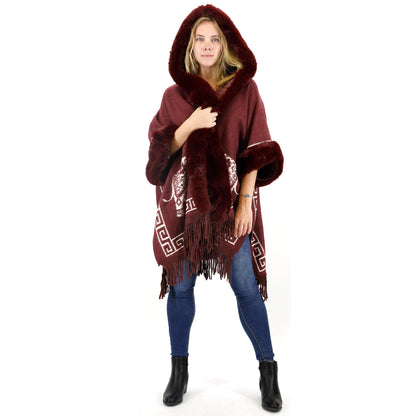 Faux Fur Elephant Pattern Fringed Hoodie Shawl P3825 (3PC)