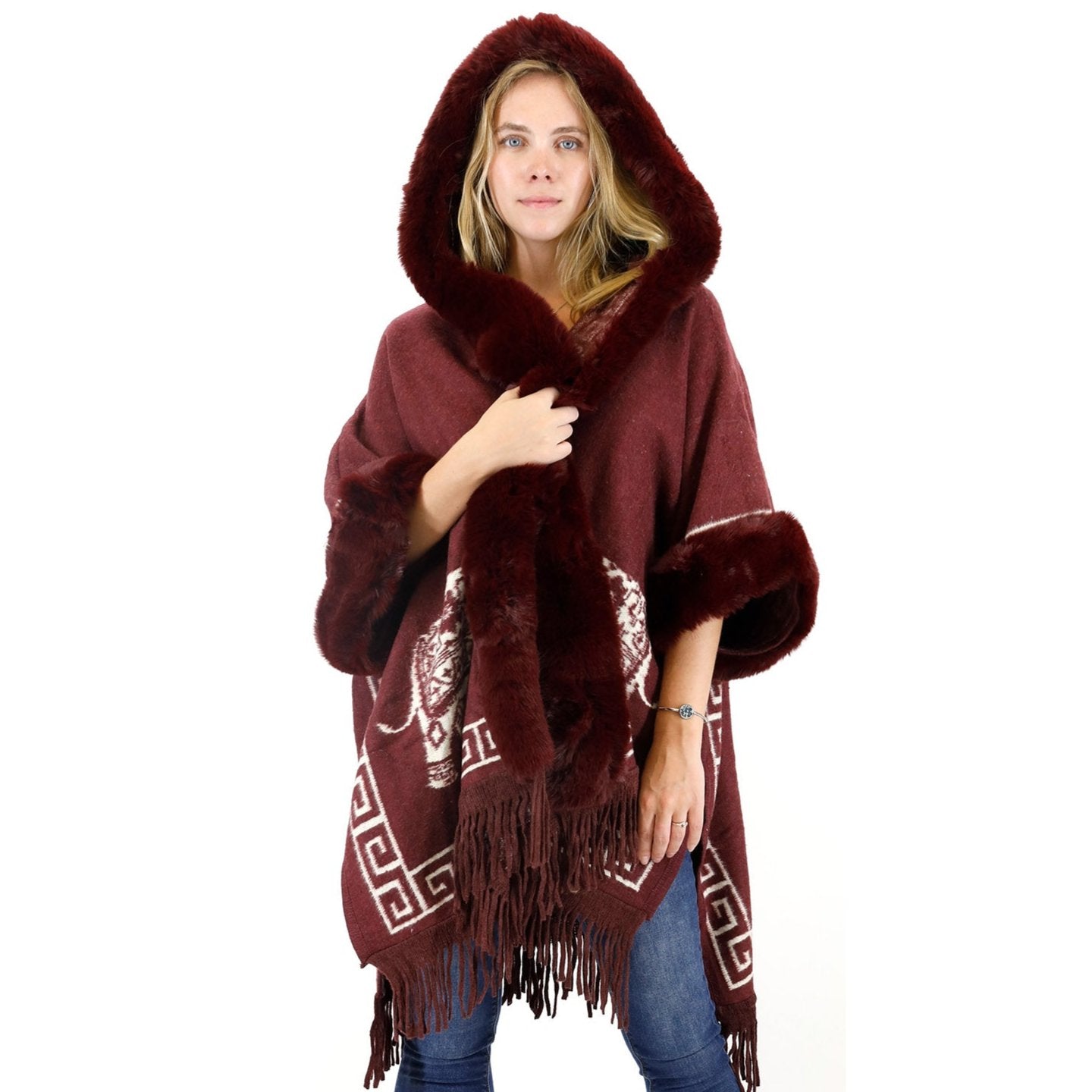 Faux Fur Elephant Pattern Fringed Hoodie Shawl P3825 (3PC)