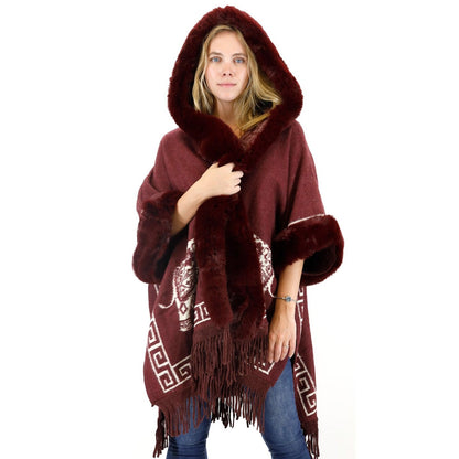 Faux Fur Elephant Pattern Fringed Hoodie Shawl P3825 (3PC)