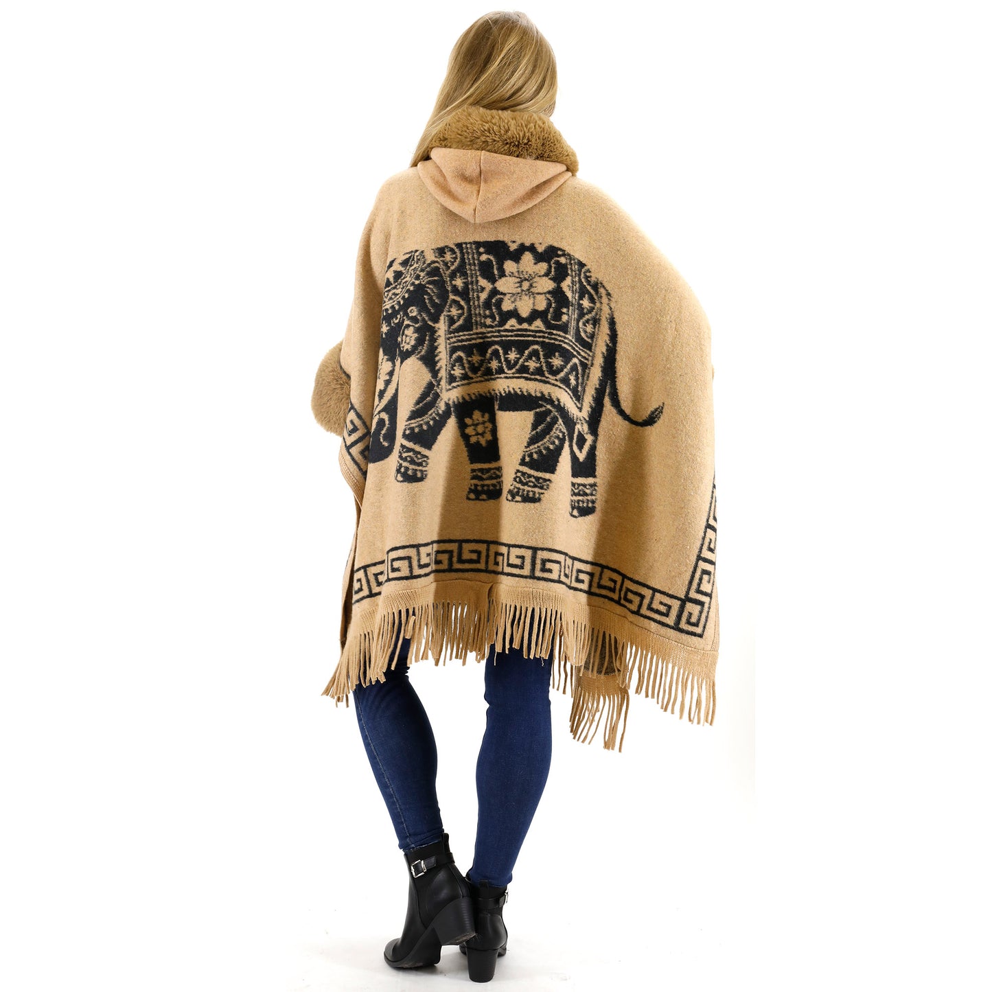 Faux Fur Elephant Pattern Fringed Hoodie Shawl P3825 (3PC)