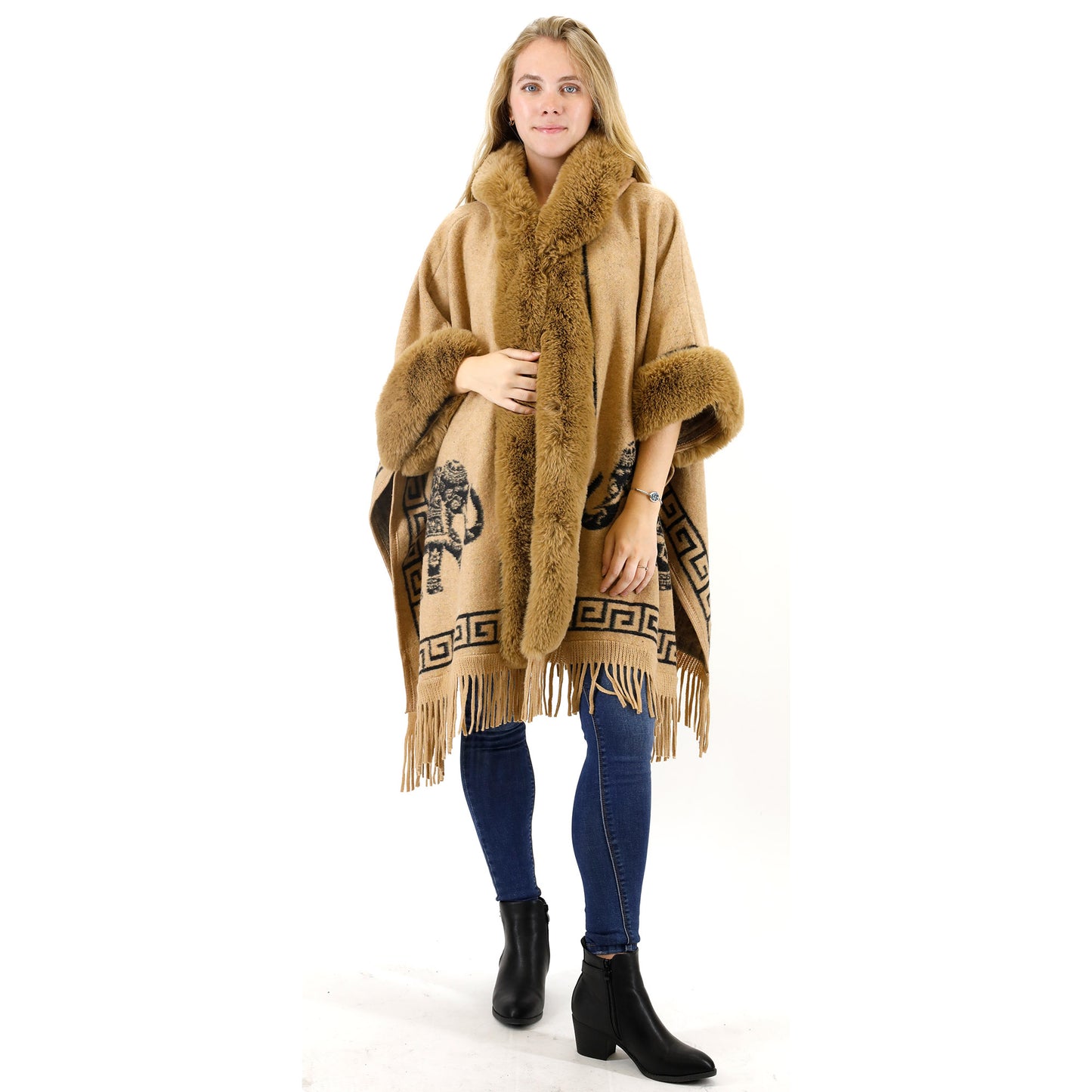 Faux Fur Elephant Pattern Fringed Hoodie Shawl P3825 (3PC)