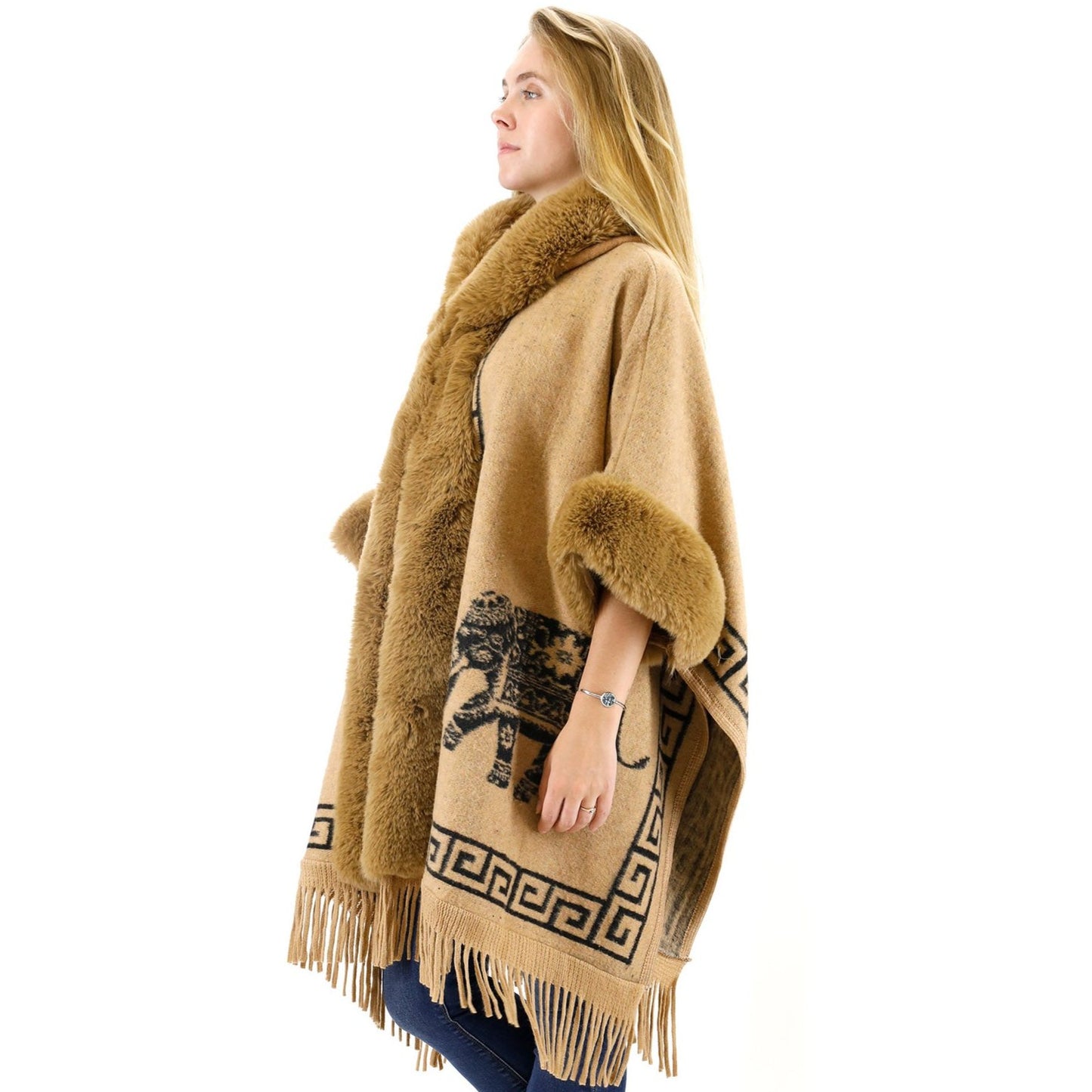 Faux Fur Elephant Pattern Fringed Hoodie Shawl P3825 (3PC)