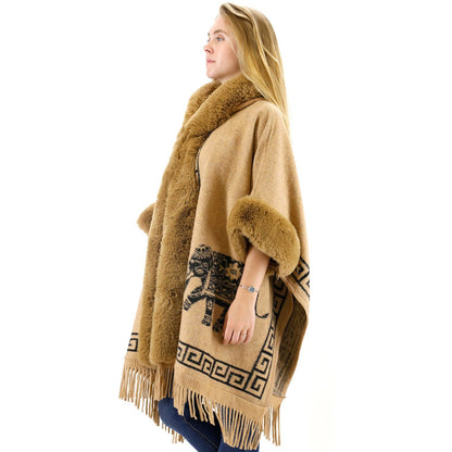 Faux Fur Elephant Pattern Fringed Hoodie Shawl P3825 (3PC)