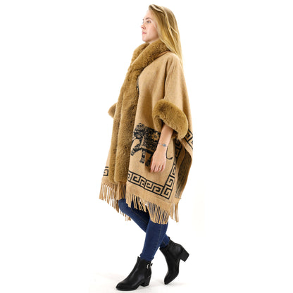 Faux Fur Elephant Pattern Fringed Hoodie Shawl P3825 (3PC)
