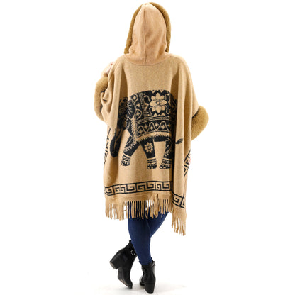 Faux Fur Elephant Pattern Fringed Hoodie Shawl P3825 (3PC)