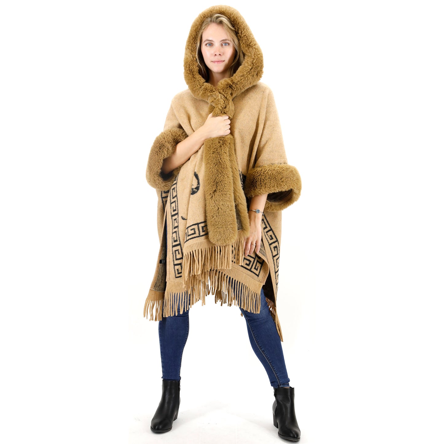 Faux Fur Elephant Pattern Fringed Hoodie Shawl P3825 (3PC)
