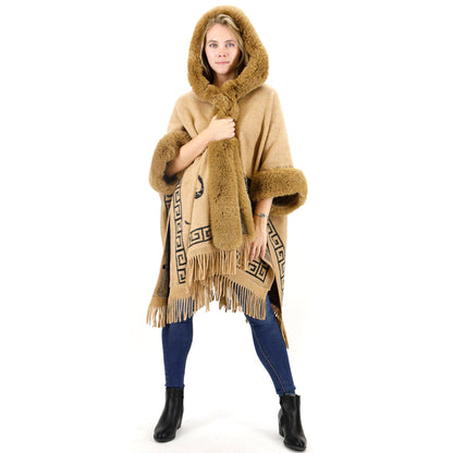 Faux Fur Elephant Pattern Fringed Hoodie Shawl P3825 (3PC)