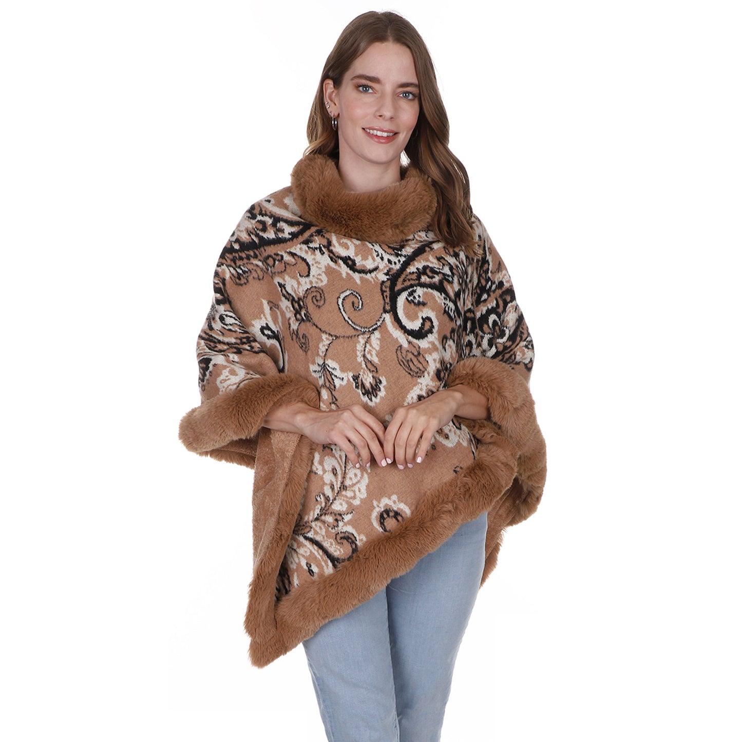 Paisley Pattern Fur Fringed Poncho P197 (12PC)