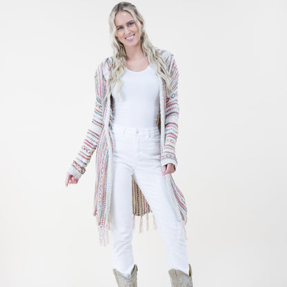 Tribal Stripe Pattern Hoodie Fringed Long Cardigan FP64088 (2PC)
