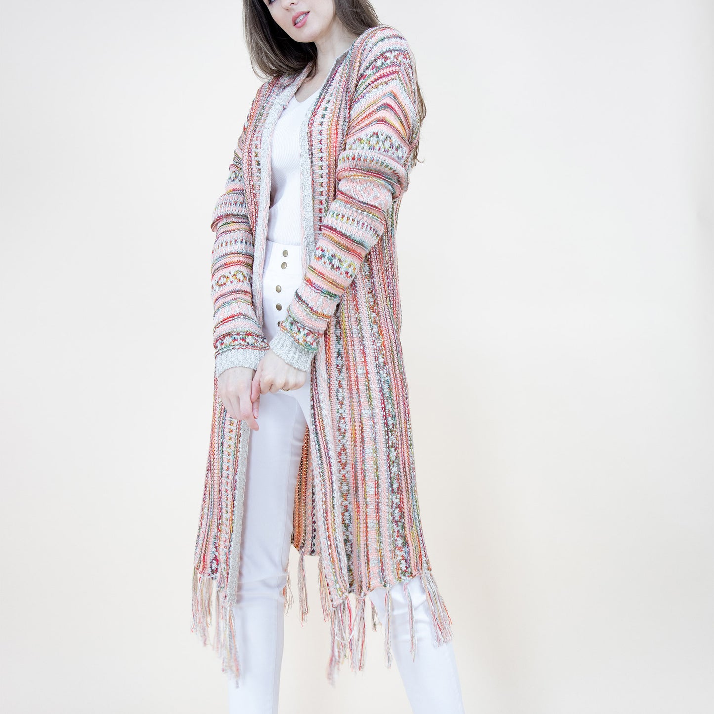Tribal Stripe Pattern Hoodie Fringed Long Cardigan FP64088 (2PC)