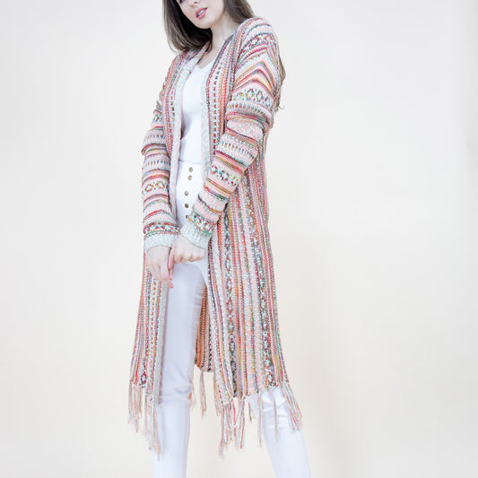 Tribal Stripe Pattern Hoodie Fringed Long Cardigan FP64088. (2PC)