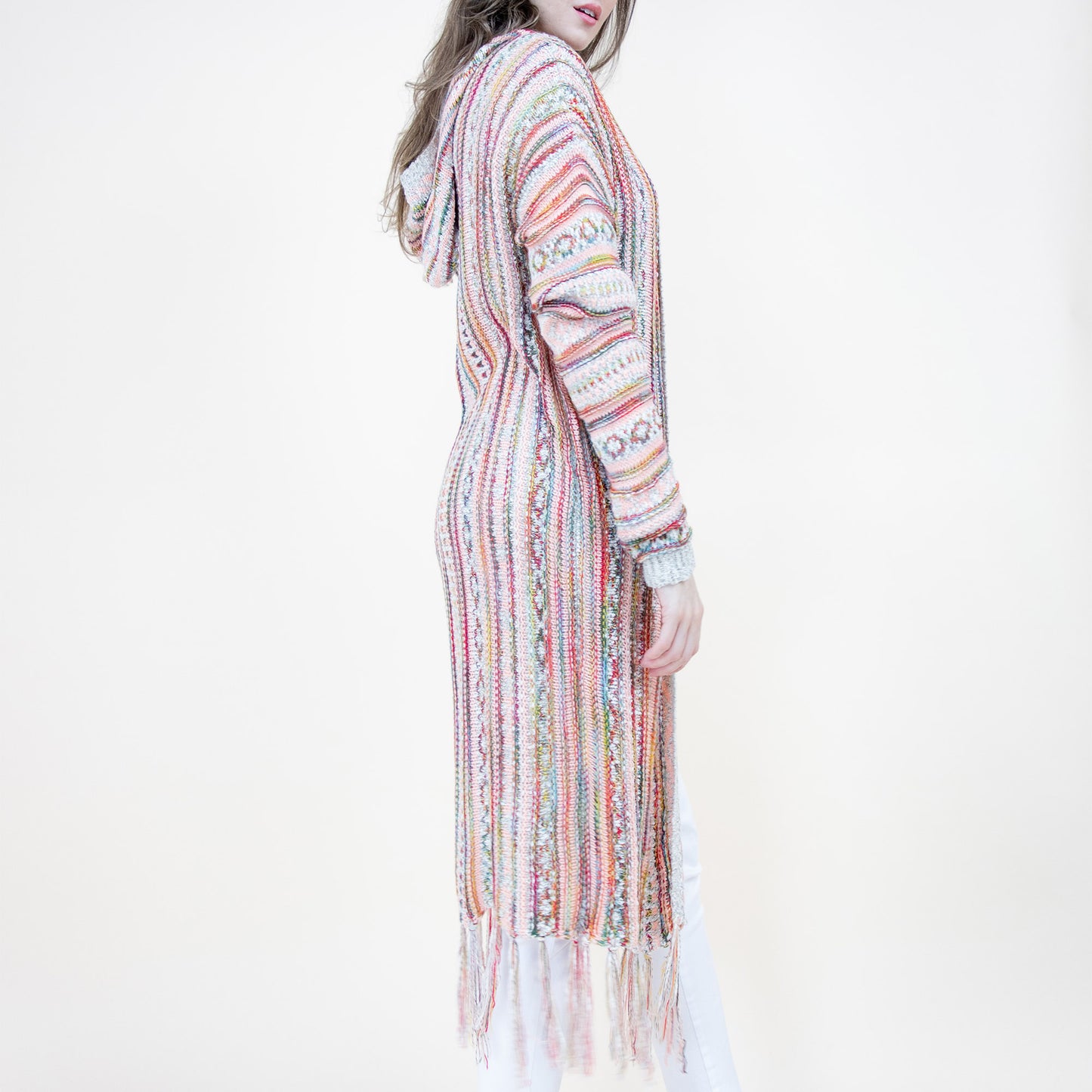 Tribal Stripe Pattern Hoodie Fringed Long Cardigan FP64088 (2PC)