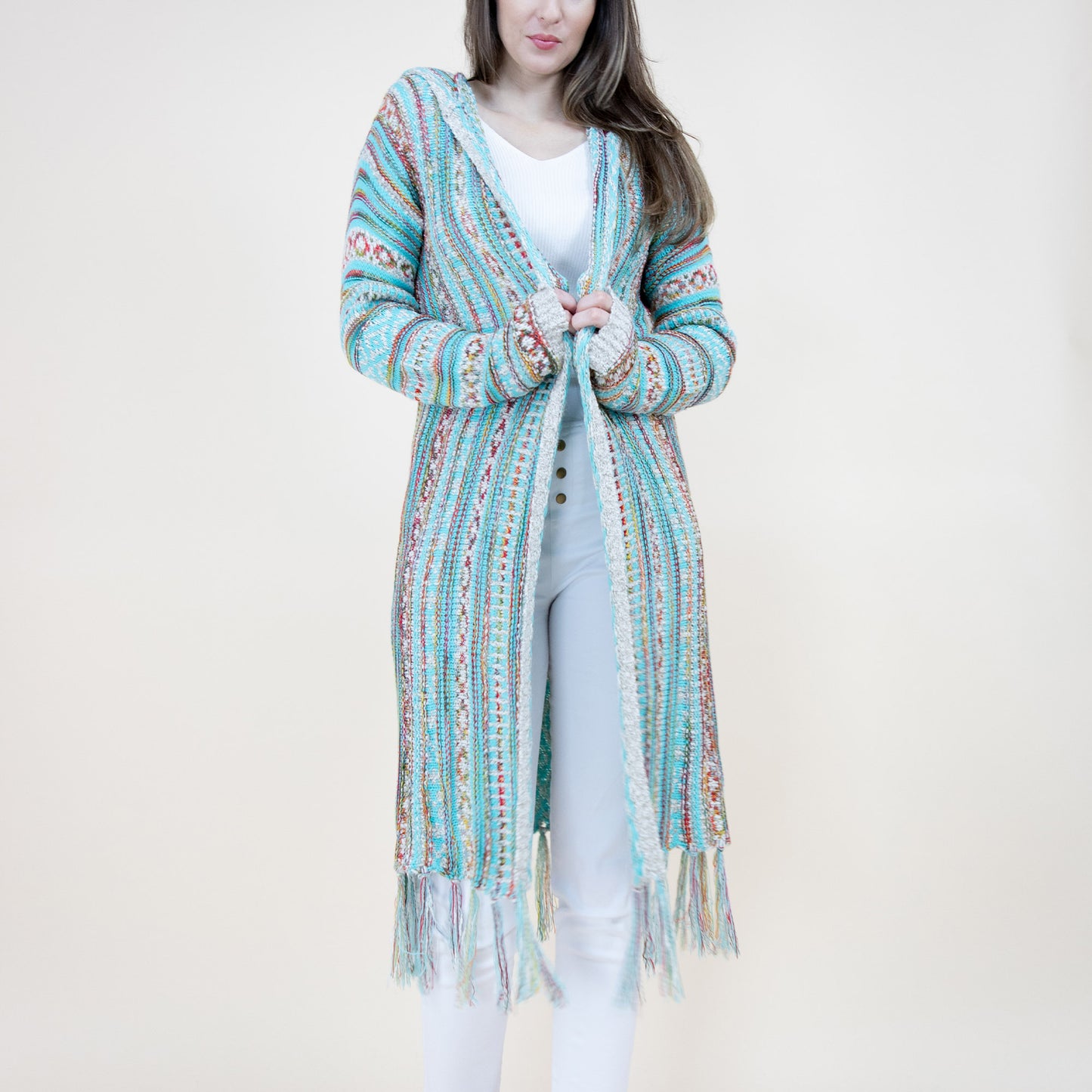 Tribal Stripe Pattern Hoodie Fringed Long Cardigan FP64088 (2PC)